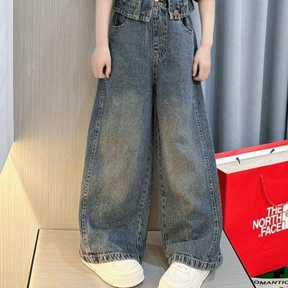 Costum din denim pentru fete 2025 toamnă nouă la modă retro pentru copii, jachetă scurtă, pantaloni drepți, set din două piese