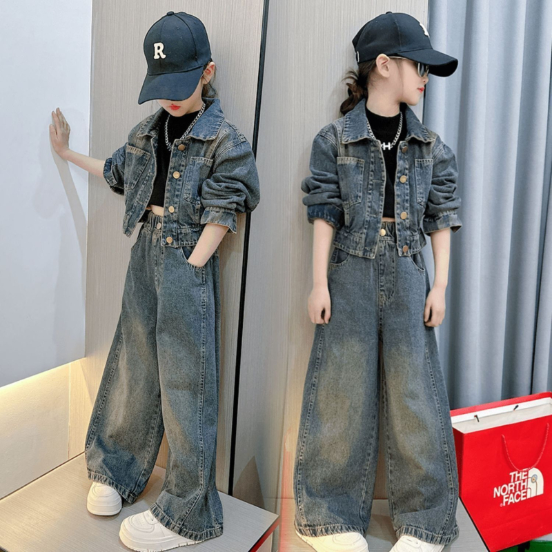 Costum din denim pentru fete 2025 toamnă nouă la modă retro pentru copii, jachetă scurtă, pantaloni drepți, set din două piese