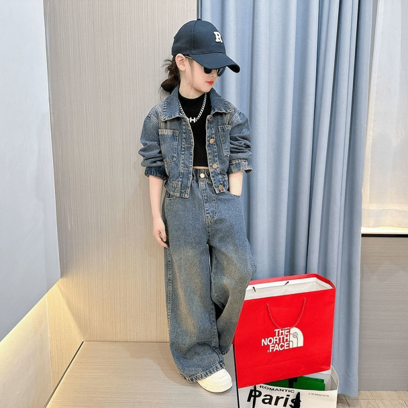 Costum din denim pentru fete 2025 toamnă nouă la modă retro pentru copii, jachetă scurtă, pantaloni drepți, set din două piese