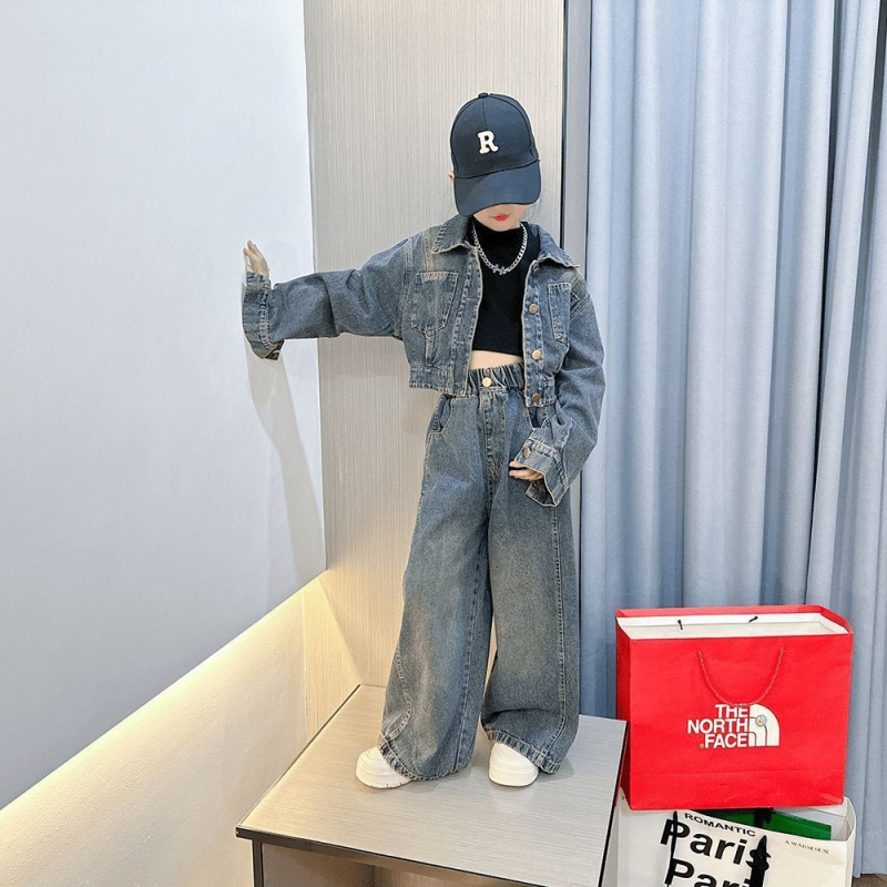Costum din denim pentru fete 2025 toamnă nouă la modă retro pentru copii, jachetă scurtă, pantaloni drepți, set din două piese