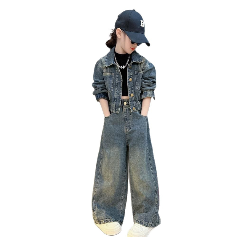 Costum din denim pentru fete 2025 toamnă nouă la modă retro pentru copii, jachetă scurtă, pantaloni drepți, set din două piese