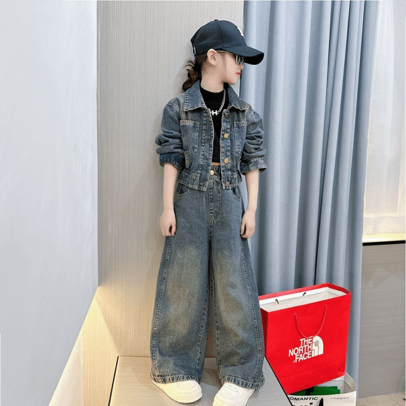 Costum din denim pentru fete 2025 toamnă nouă la modă retro pentru copii, jachetă scurtă, pantaloni drepți, set din două piese