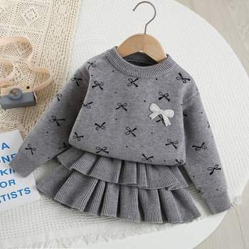 Κοριτσίστικο κοστούμι-φούτερ Άνοιξη & Φθινόπωρο Νέο Κορεάτικο Στυλ Ξένου Στυλ Φιόγκος Παιδικό πλεκτό πουλόβερ με φούστα τούρτας σετ δύο τεμαχίων