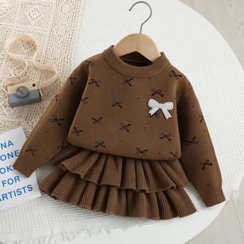 Κοριτσίστικο κοστούμι-φούτερ Άνοιξη & Φθινόπωρο Νέο Κορεάτικο Στυλ Ξένου Στυλ Φιόγκος Παιδικό πλεκτό πουλόβερ με φούστα τούρτας σετ δύο τεμαχίων