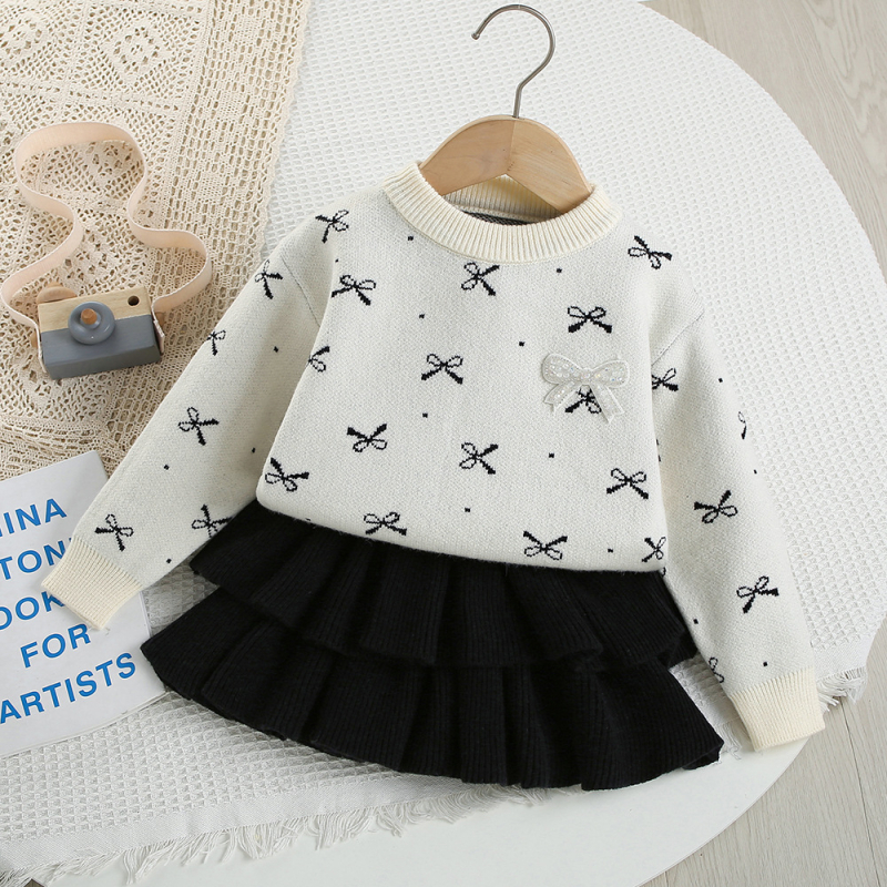 Lányka pulóver kosztüm tavaszi és őszi új koreai stílusú külföldi stílusú masni gyerek kötött pulóver tortaszoknya kétrészes szett