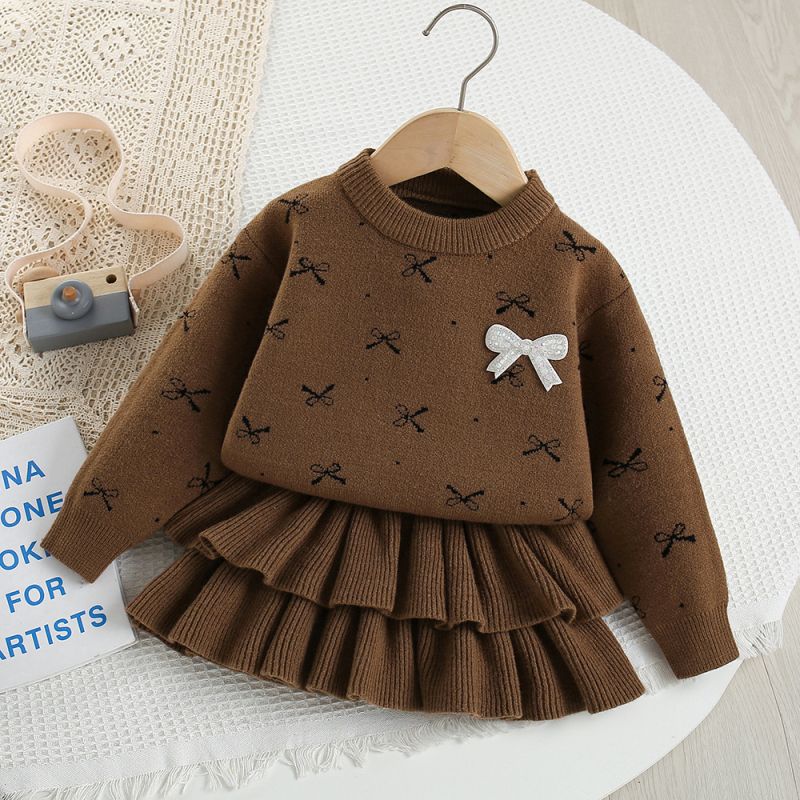 Lányka pulóver kosztüm tavaszi és őszi új koreai stílusú külföldi stílusú masni gyerek kötött pulóver tortaszoknya kétrészes szett