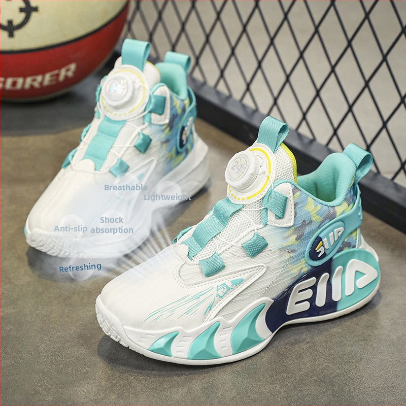 Експлозивни детски и момчешки маратонки с мека подметка, устойчиви на износване, неплъзгащи се мрежести баскетболни обувки с въртящ се бутон за маратонки