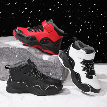 Žieminiai vaikiški medvilniniai bateliai su odiniu paviršiumi, sustorinto aksomo, neslystantys, berniukiški vidutinio aukščio mokinių sniego batai dideliems ir mažiems vaikams