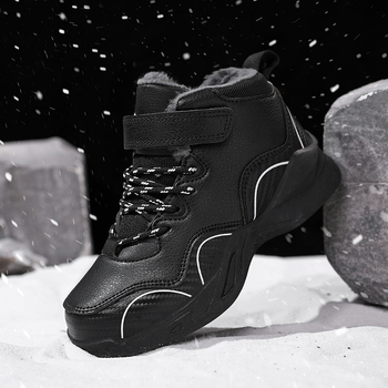 Žieminiai vaikiški medvilniniai bateliai su odiniu paviršiumi, sustorinto aksomo, neslystantys, berniukiški vidutinio aukščio mokinių sniego batai dideliems ir mažiems vaikams