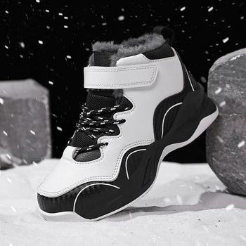 Žieminiai vaikiški medvilniniai bateliai su odiniu paviršiumi, sustorinto aksomo, neslystantys, berniukiški vidutinio aukščio mokinių sniego batai dideliems ir mažiems vaikams