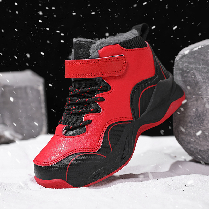 Žieminiai vaikiški medvilniniai bateliai su odiniu paviršiumi, sustorinto aksomo, neslystantys, berniukiški vidutinio aukščio mokinių sniego batai dideliems ir mažiems vaikams