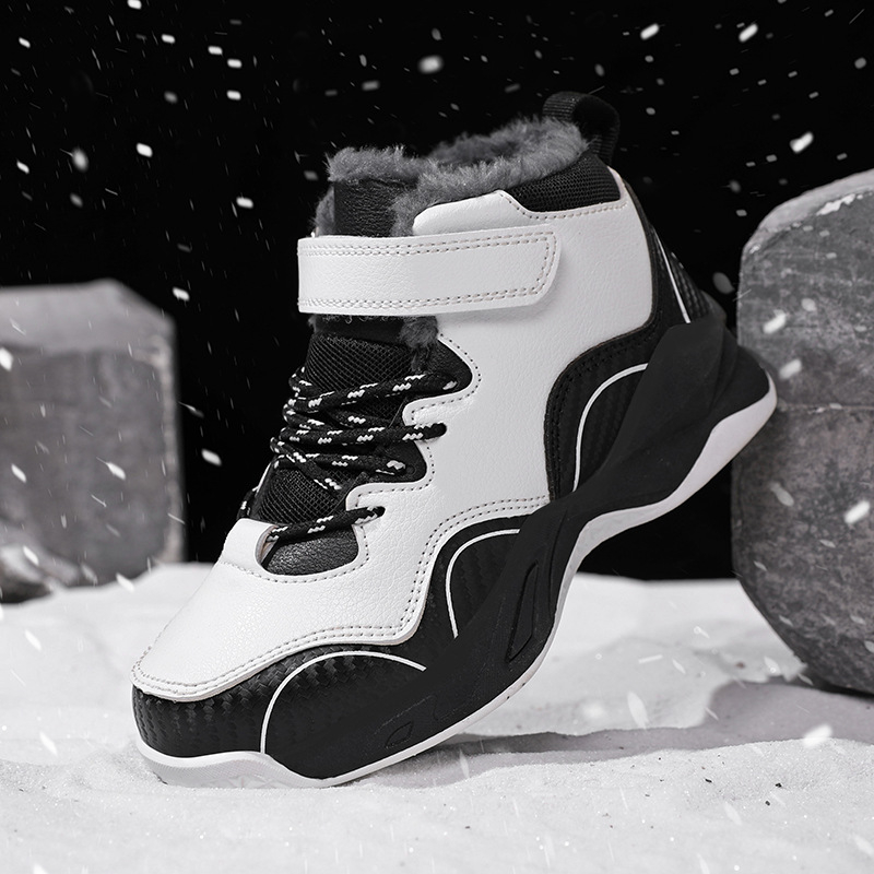 Žieminiai vaikiški medvilniniai bateliai su odiniu paviršiumi, sustorinto aksomo, neslystantys, berniukiški vidutinio aukščio mokinių sniego batai dideliems ir mažiems vaikams