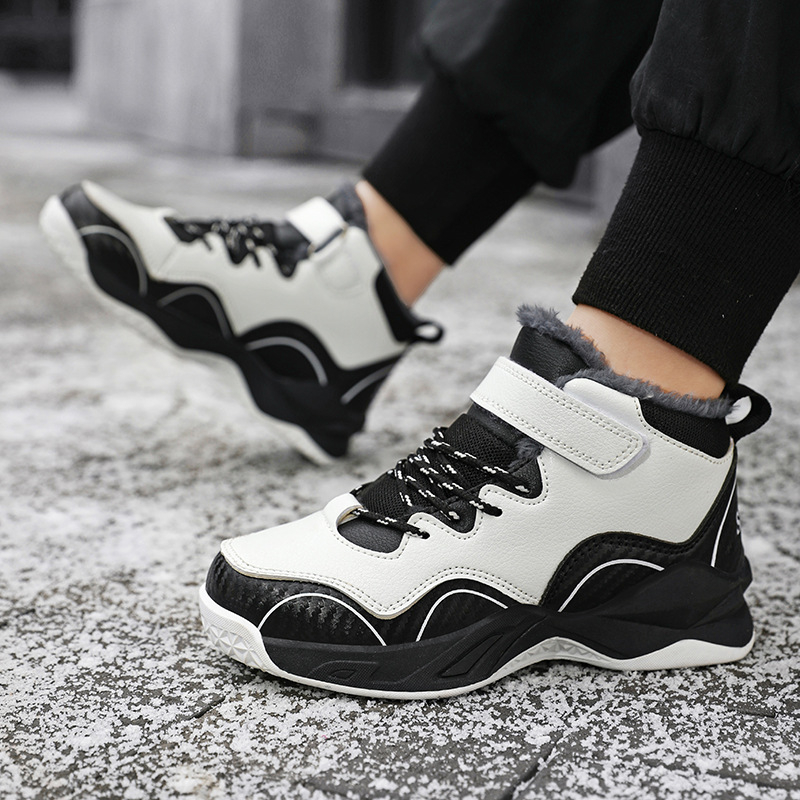 Žieminiai vaikiški medvilniniai bateliai su odiniu paviršiumi, sustorinto aksomo, neslystantys, berniukiški vidutinio aukščio mokinių sniego batai dideliems ir mažiems vaikams