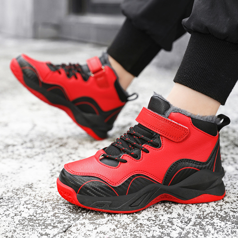 Žieminiai vaikiški medvilniniai bateliai su odiniu paviršiumi, sustorinto aksomo, neslystantys, berniukiški vidutinio aukščio mokinių sniego batai dideliems ir mažiems vaikams