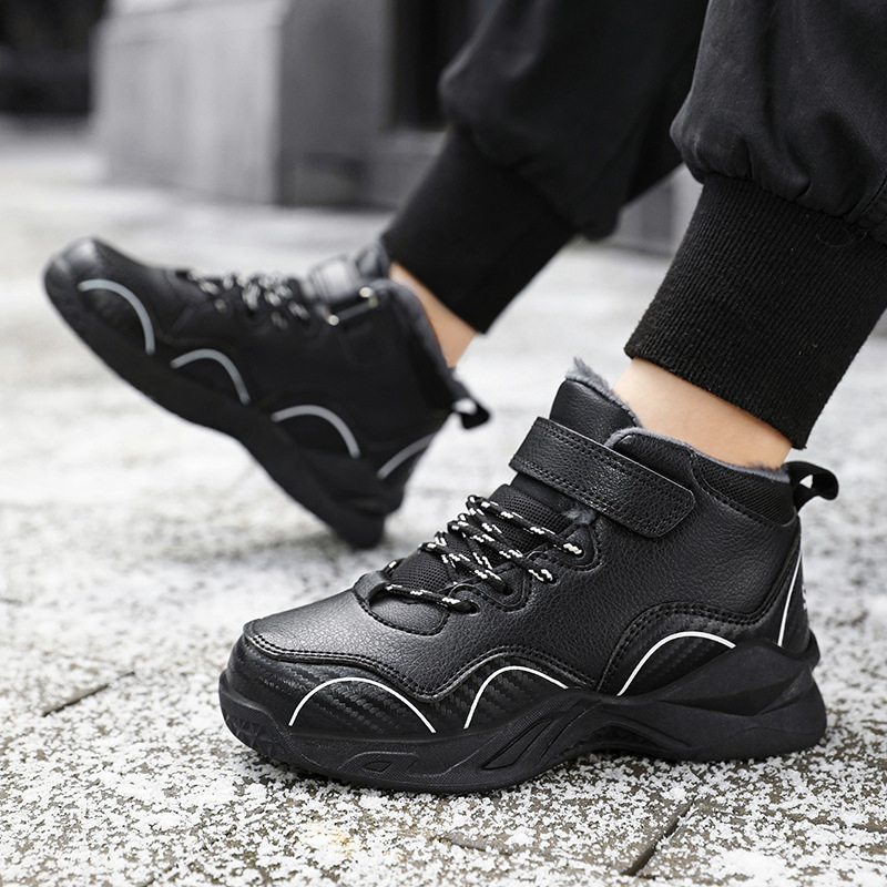 Žieminiai vaikiški medvilniniai bateliai su odiniu paviršiumi, sustorinto aksomo, neslystantys, berniukiški vidutinio aukščio mokinių sniego batai dideliems ir mažiems vaikams