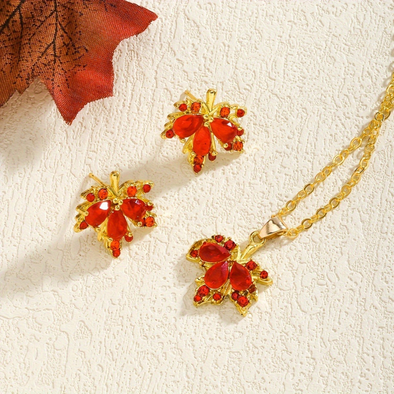 Νέα πολυτελή σκουλαρίκια φθινοπώρου και χειμώνα με κόκκινο, σούπερ λάμψη, ένθετο κολιέ με ζιρκόνι, μεταλλικό φύλλο σφενδάμου σε σχήμα κοσμήματος χονδρικής