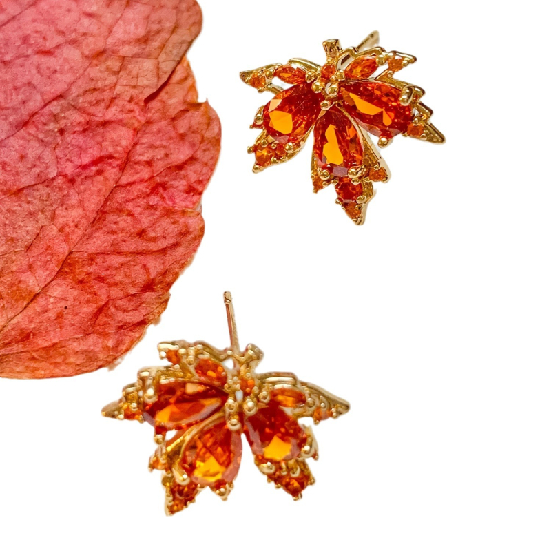 Νέα πολυτελή σκουλαρίκια φθινοπώρου και χειμώνα με κόκκινο, σούπερ λάμψη, ένθετο κολιέ με ζιρκόνι, μεταλλικό φύλλο σφενδάμου σε σχήμα κοσμήματος χονδρικής