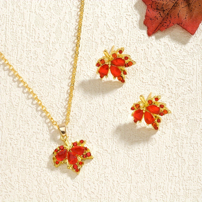 Νέα πολυτελή σκουλαρίκια φθινοπώρου και χειμώνα με κόκκινο, σούπερ λάμψη, ένθετο κολιέ με ζιρκόνι, μεταλλικό φύλλο σφενδάμου σε σχήμα κοσμήματος χονδρικής