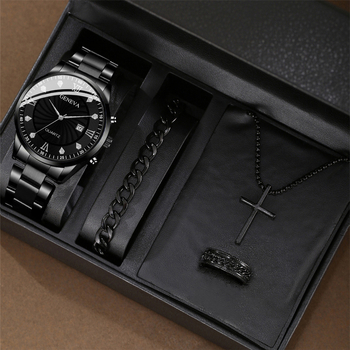 2025. aasta piiriülene populaarne moodne äri Rhinestone inkrusteeritud legeerterasest vööga meeste käekell ristiga ehtekomplekt