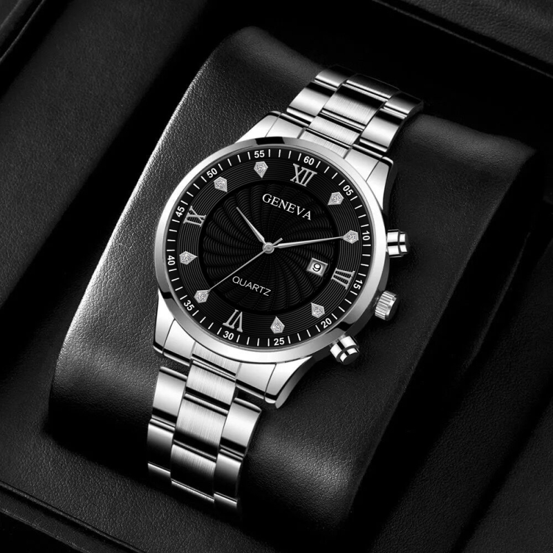 2025. aasta piiriülene populaarne moodne äri Rhinestone inkrusteeritud legeerterasest vööga meeste käekell ristiga ehtekomplekt