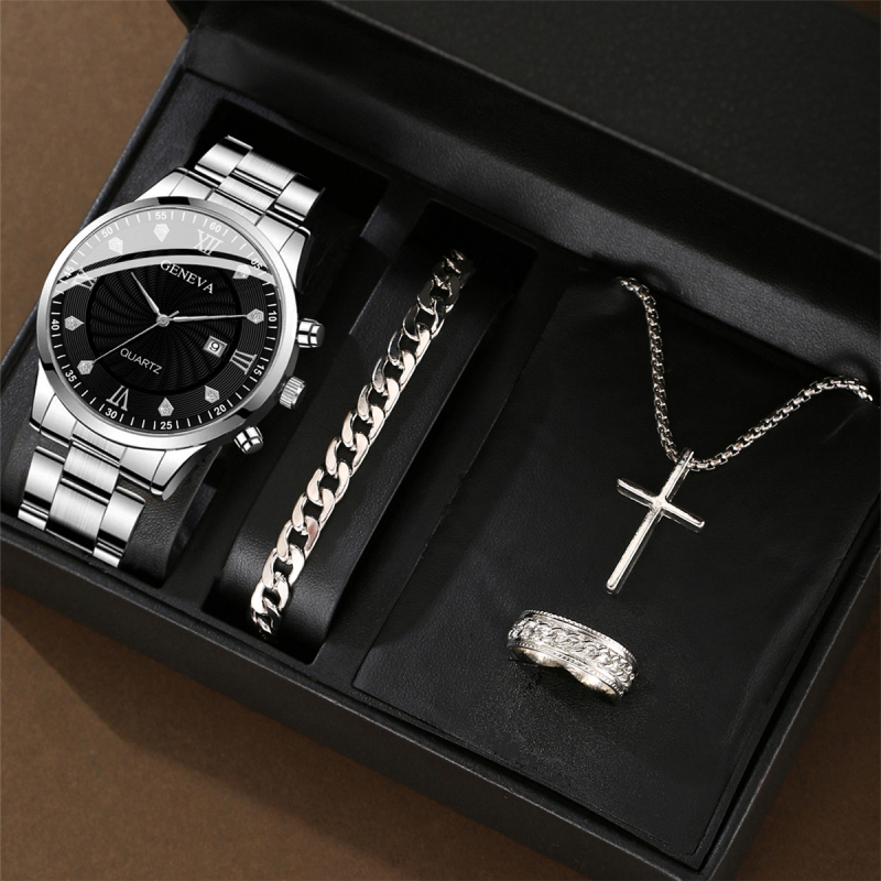 2025. aasta piiriülene populaarne moodne äri Rhinestone inkrusteeritud legeerterasest vööga meeste käekell ristiga ehtekomplekt