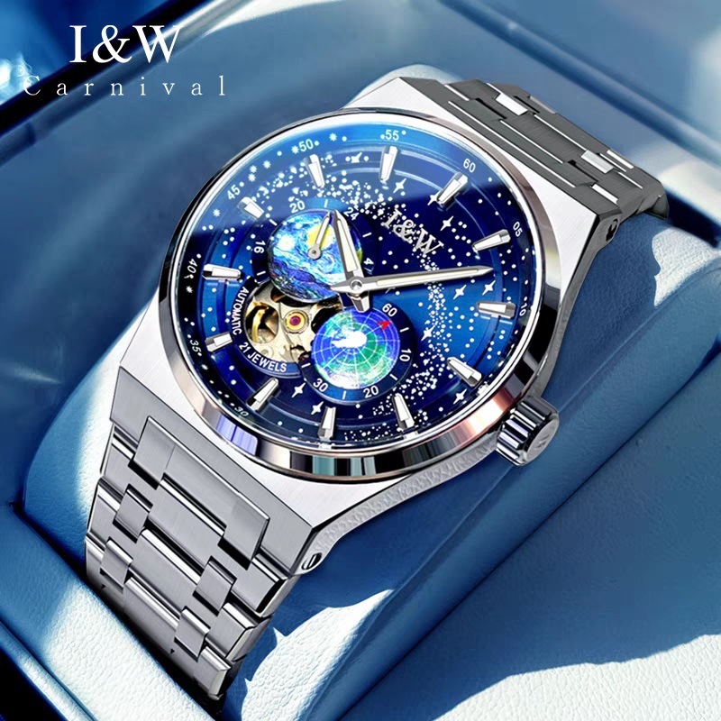 OEM mažos partijos pritaikymo laikrodis, mėlynas žvaigždėto dangaus japoniškas automatinis mechaninis vyriškas laikrodis