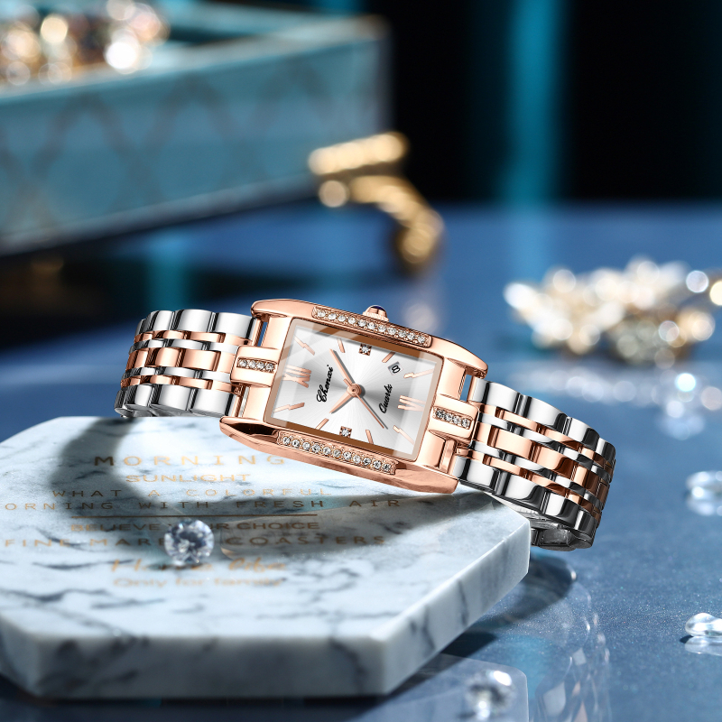 Dawn New Square naiste käekell hulgimüügi kvartsist kalendriga, täisterasest vööga, veekindel ja teemantidega moodne naiste käekell