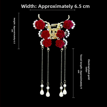 Κλιπ μαλλιών κινέζικου στυλ με κόκκινο τριαντάφυλλο, γυναικείο κεφάλι, μισόδετο, δίσκος μαλλιών με καρχαρία, υψηλής ποιότητας αξεσουάρ μαλλιών με λαβή