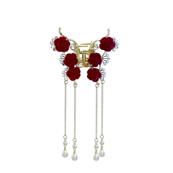 Κλιπ μαλλιών κινέζικου στυλ με κόκκινο τριαντάφυλλο, γυναικείο κεφάλι, μισόδετο, δίσκος μαλλιών με καρχαρία, υψηλής ποιότητας αξεσουάρ μαλλιών με λαβή