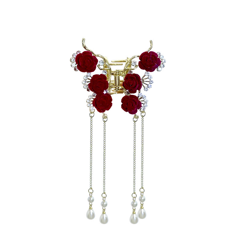 Hiina stiilis punase roosiga tutiga juukseklamber, naiste peaga pooleldi seotud juukseketas, haikala, kvaliteetsed haaramisjuukse aksessuaarid