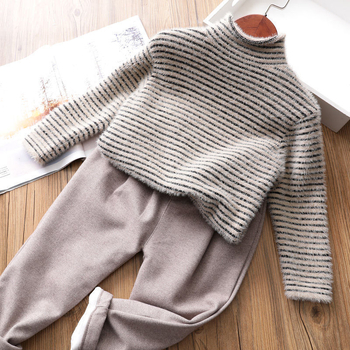 Dječji prugasti džemper od nerčevog flisa za jesen i zimu, novi djevojački pleteni džemper s flis podstavom u korejskom stilu, osnovna majica za dječake