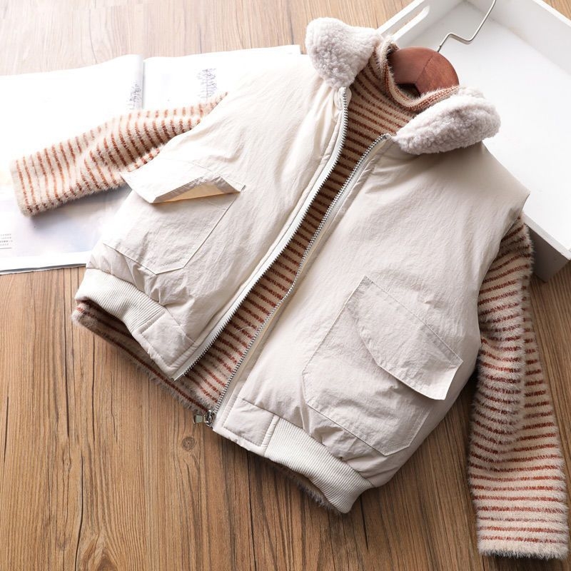 Dječji prugasti džemper od nerčevog flisa za jesen i zimu, novi djevojački pleteni džemper s flis podstavom u korejskom stilu, osnovna majica za dječake