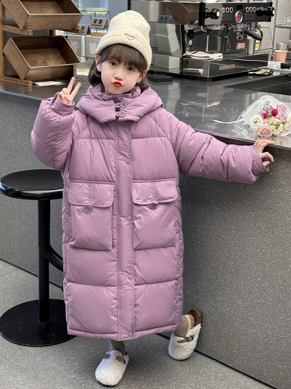 Djevojačka duga pamučna vanjska odjeća preko koljena, zimska pamučna zadebljana topla pamučna vanjska odjeća s kapuljačom, dječja zimska vanjska odjeća u čistim bojama 2024.