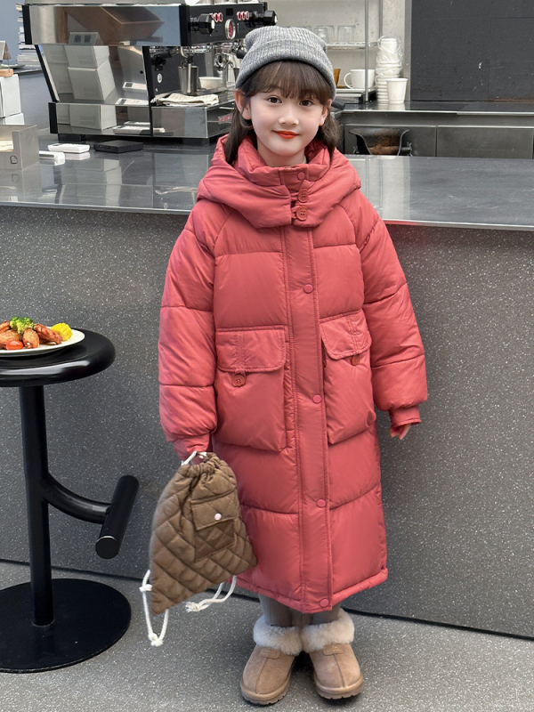 Djevojačka duga pamučna vanjska odjeća preko koljena, zimska pamučna zadebljana topla pamučna vanjska odjeća s kapuljačom, dječja zimska vanjska odjeća u čistim bojama 2024.