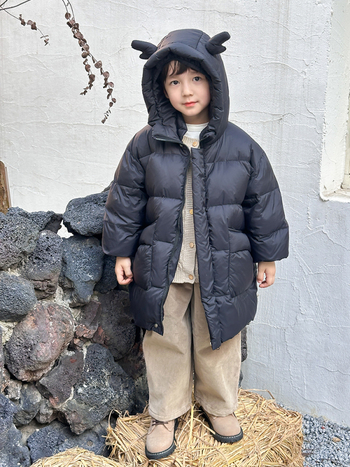 Bērnu maza un vidēja izmēra bērnu bieza, gara dūnu jaka rudens un ziemas jauniem zēniem un meitenēm mazuļu kapuces mētelis Tide ārējā tirdzniecība