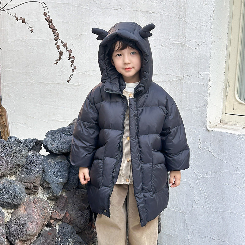 Bērnu maza un vidēja izmēra bērnu bieza, gara dūnu jaka rudens un ziemas jauniem zēniem un meitenēm mazuļu kapuces mētelis Tide ārējā tirdzniecība