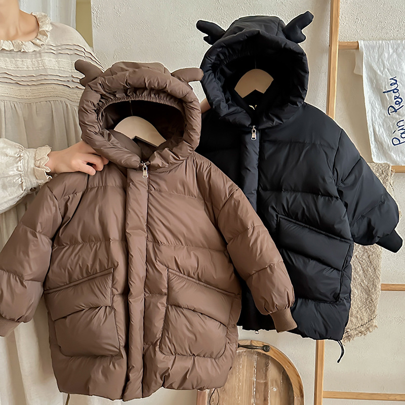 Bērnu maza un vidēja izmēra bērnu bieza, gara dūnu jaka rudens un ziemas jauniem zēniem un meitenēm mazuļu kapuces mētelis Tide ārējā tirdzniecība