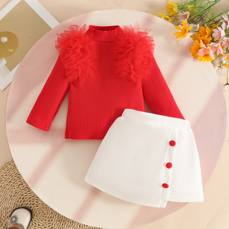 Armas beebitüdruku võrkkangast pitsist pikkade varrukatega pluus, dekoratiivne nööpidega seelik, sügis- ja talveseeliku kaheosaline komplekt