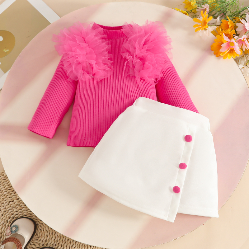 Armas beebitüdruku võrkkangast pitsist pikkade varrukatega pluus, dekoratiivne nööpidega seelik, sügis- ja talveseeliku kaheosaline komplekt