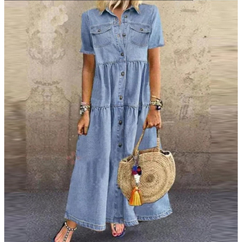 Amazon Cross-Border Europe and American Γρήγορες πωλήσεις Oden Independent Station Denim Style Long Multi-Knife Dress with Scared Buttons