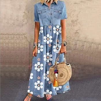 Amazon Cross-Border Europe and American Γρήγορες πωλήσεις Oden Independent Station Denim Style Long Multi-Knife Dress with Scared Buttons