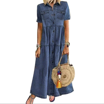 Amazon Cross-Border Europe and American Γρήγορες πωλήσεις Oden Independent Station Denim Style Long Multi-Knife Dress with Scared Buttons