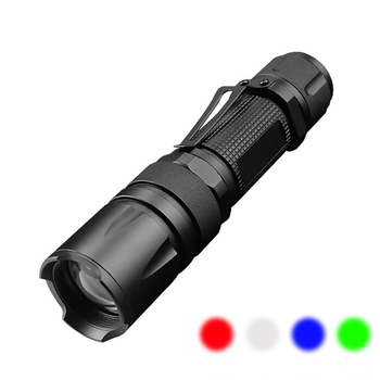 Φακός τεσσάρων χρωμάτων με ισχυρή φωτεινότητα, λευκό φως, μπλε, πράσινο, κόκκινο φως με κλιπ στυλό, ρυθμιζόμενη εστίαση, φακός ζουμ