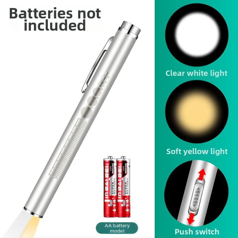 Įkraunamas dvigubo šviesos šaltinio vyzdžio rašiklis geltona šviesa balta šviesa medicininė burnos apžiūros lempa iš nerūdijančio plieno rytinės apžiūros rašiklio lempa žibintuvėlis