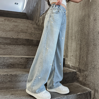 Παντελόνι με φαρδιά μπατζάκια για κορίτσια Άνοιξη, Καλοκαίρι και Φθινόπωρο Νέα άφιξη Western στυλ Κεντημένο τζιν με ίσια μπατζάκια για μικρά κορίτσια Μακρύ παντελόνι χαλαρό