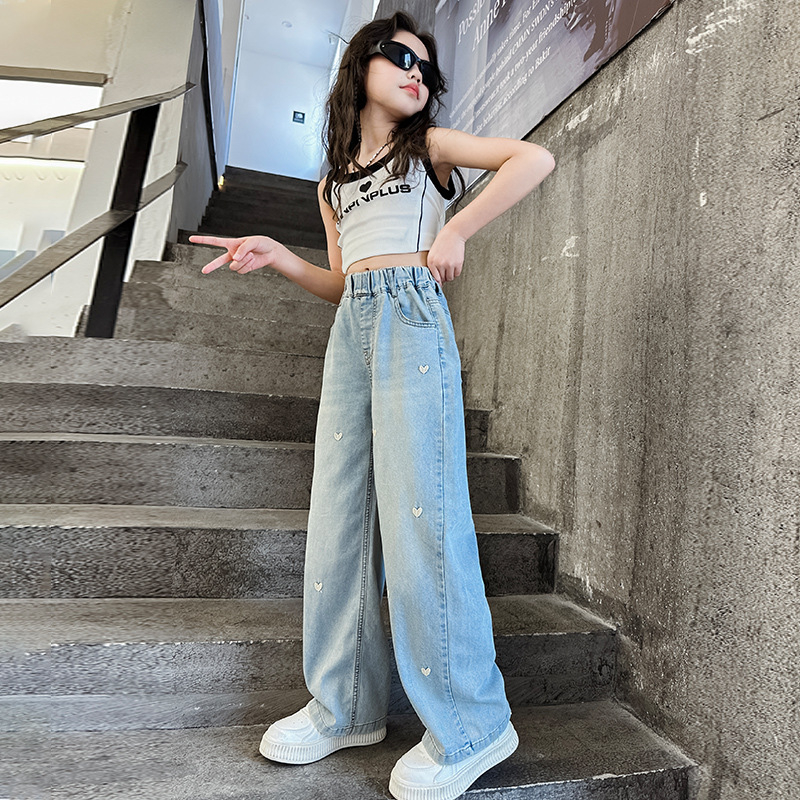 Tüdrukute laiad püksid kevadel, suvel ja sügisel, uued saabumised, lääne stiilis, väikese tüdruku armastusega tikitud teksad, sirged teksad, pikad püksid, lahtised