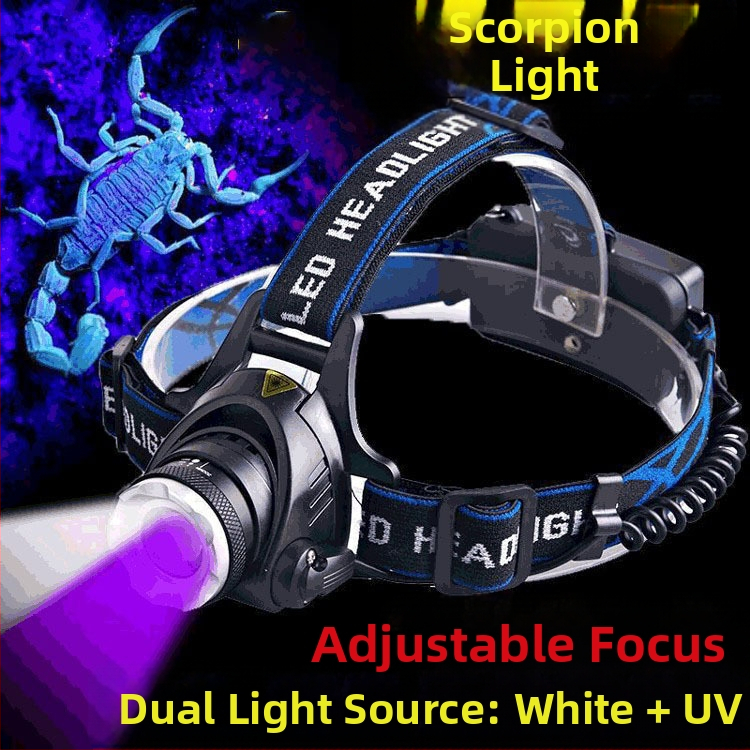 Skorpionlamp kaheotstarbeline spetsiaalne skorpionlamp lilla valgus tugev valgus üliere pea külge kinnitatav laadiv esilatern kahe valgusallikaga