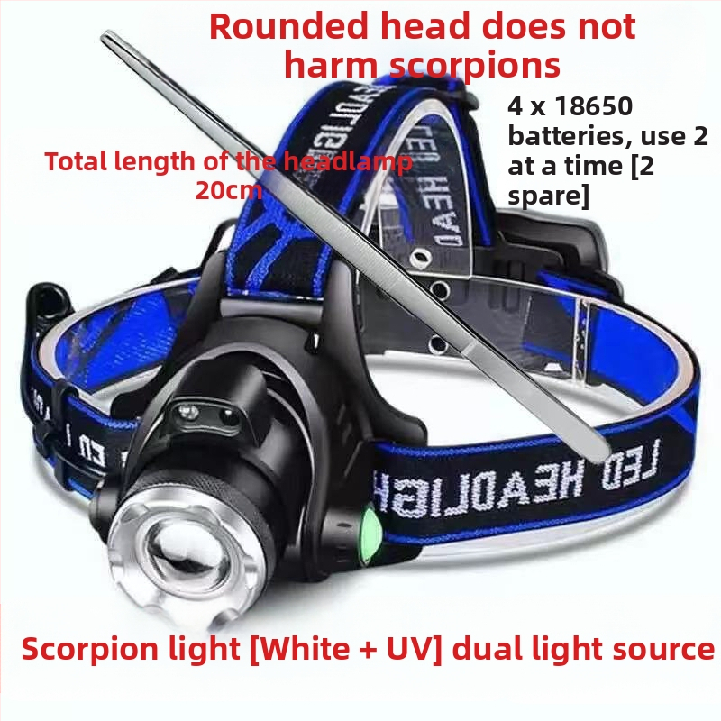 Skorpionlamp kaheotstarbeline spetsiaalne skorpionlamp lilla valgus tugev valgus üliere pea külge kinnitatav laadiv esilatern kahe valgusallikaga