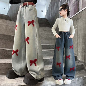 Tüdrukute kevad- ja sügisteksad 2025. aastaks Uued stiilsed tänavapüksid sirgete teksadega, vanematele lastele, laiad jalad