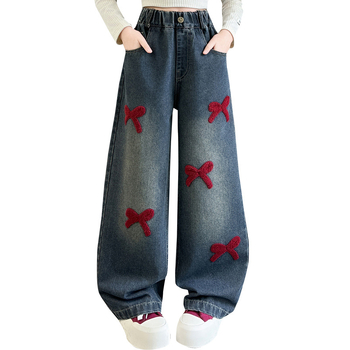 Tüdrukute kevad- ja sügisteksad 2025. aastaks Uued stiilsed tänavapüksid sirgete teksadega, vanematele lastele, laiad jalad